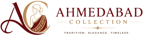 A logo for Ahmedabad Collection featuring a stylized maroon and gold 'AC' monogram with a sari illustration, alongside the brand name 'AHMEDABAD COLLECTION' and the tagline 'TRADITION. ELEGANCE.
