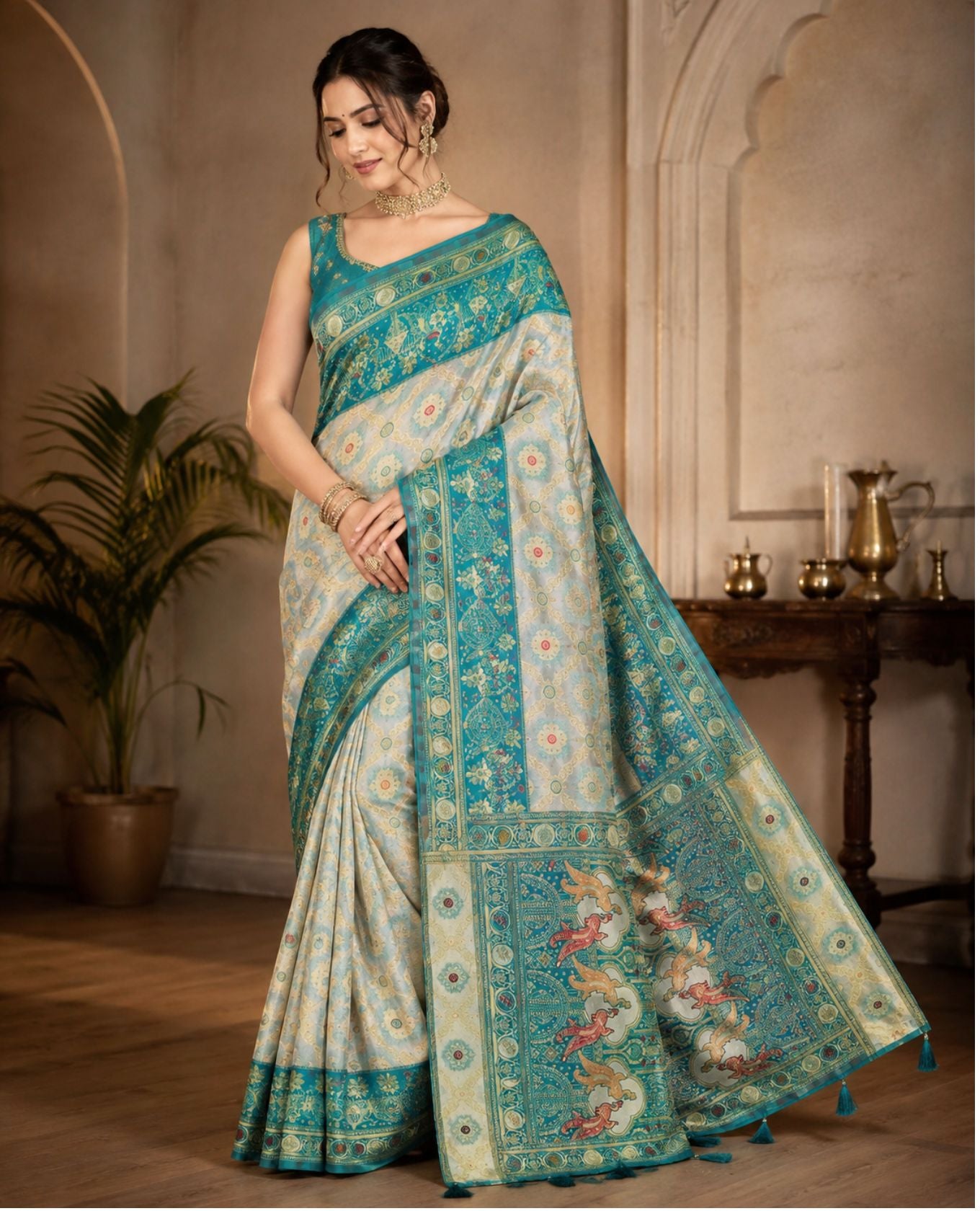Elegant Teal Blue & Cream Printed Saree with Floral Motifs & Designer Pallu