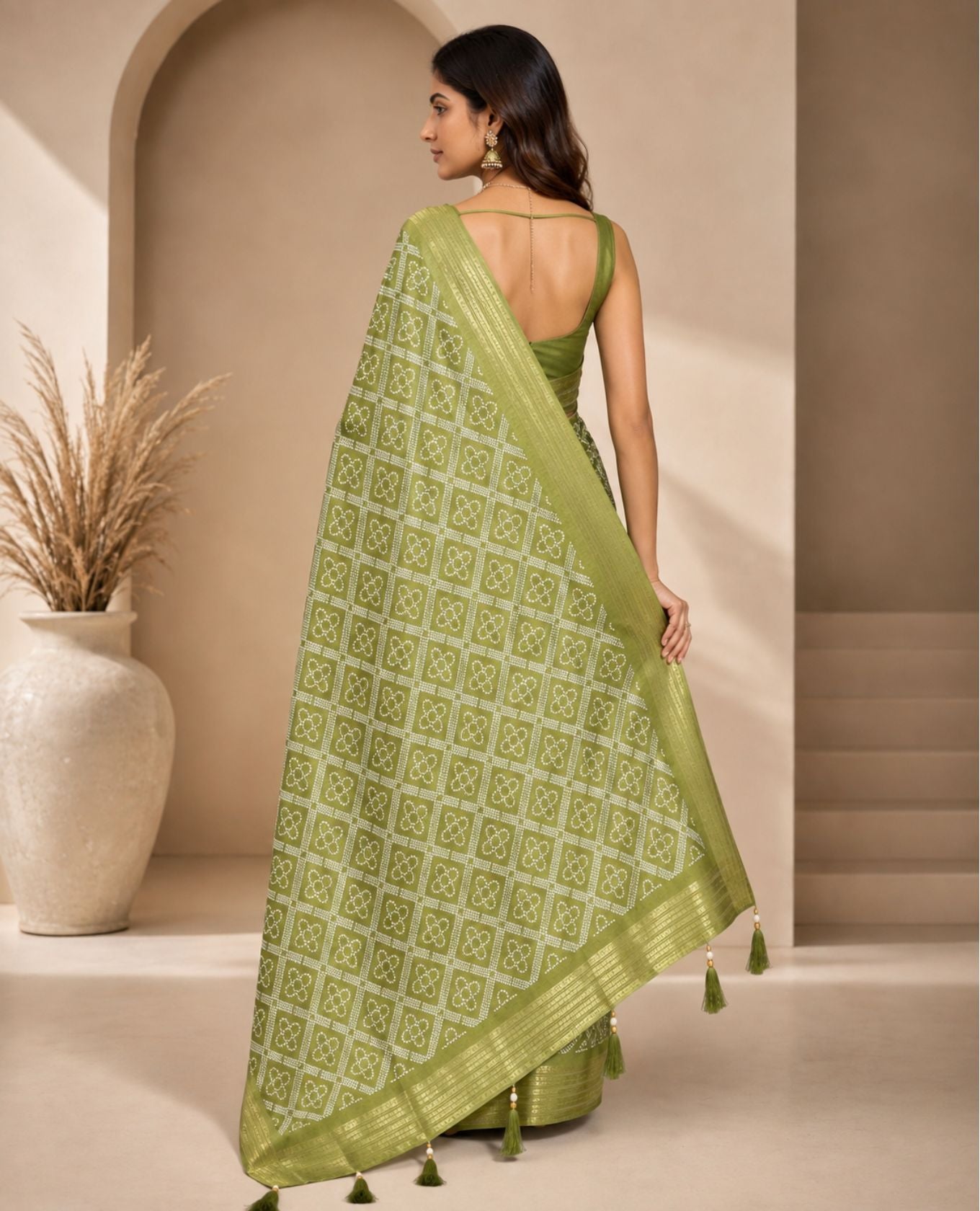 Olive Green with White Geometric Print