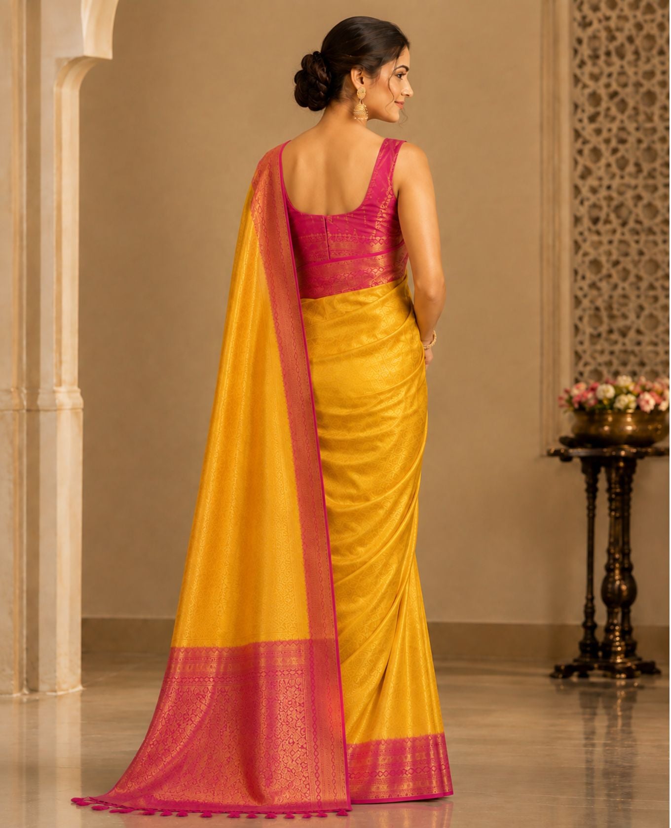 Elegant Yellow Woven Saree with Pink Zari Border & Rich Designer Pallu