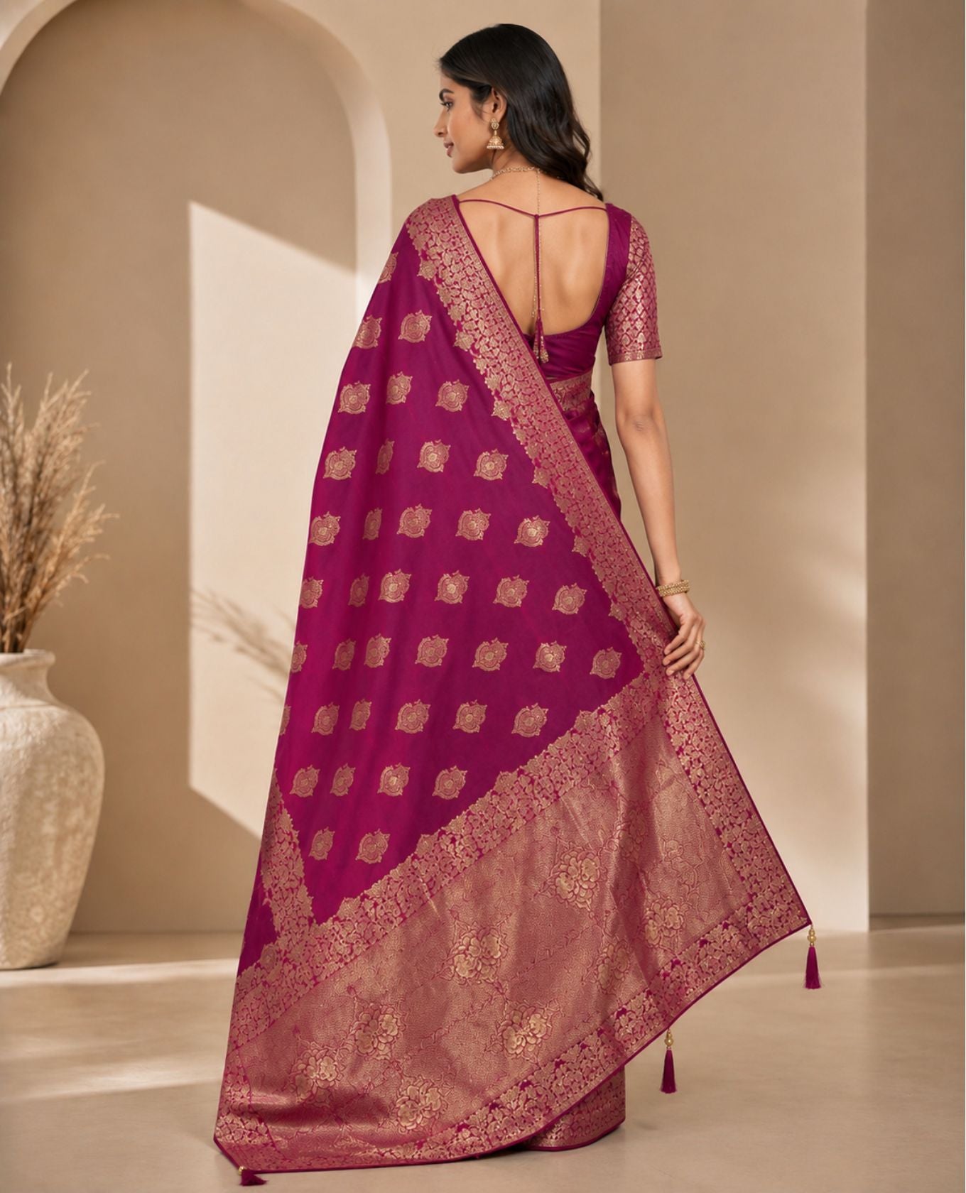 Elegant Wine Purple & Gold Woven Saree with Paisley Motifs & Rich Designer Pallu