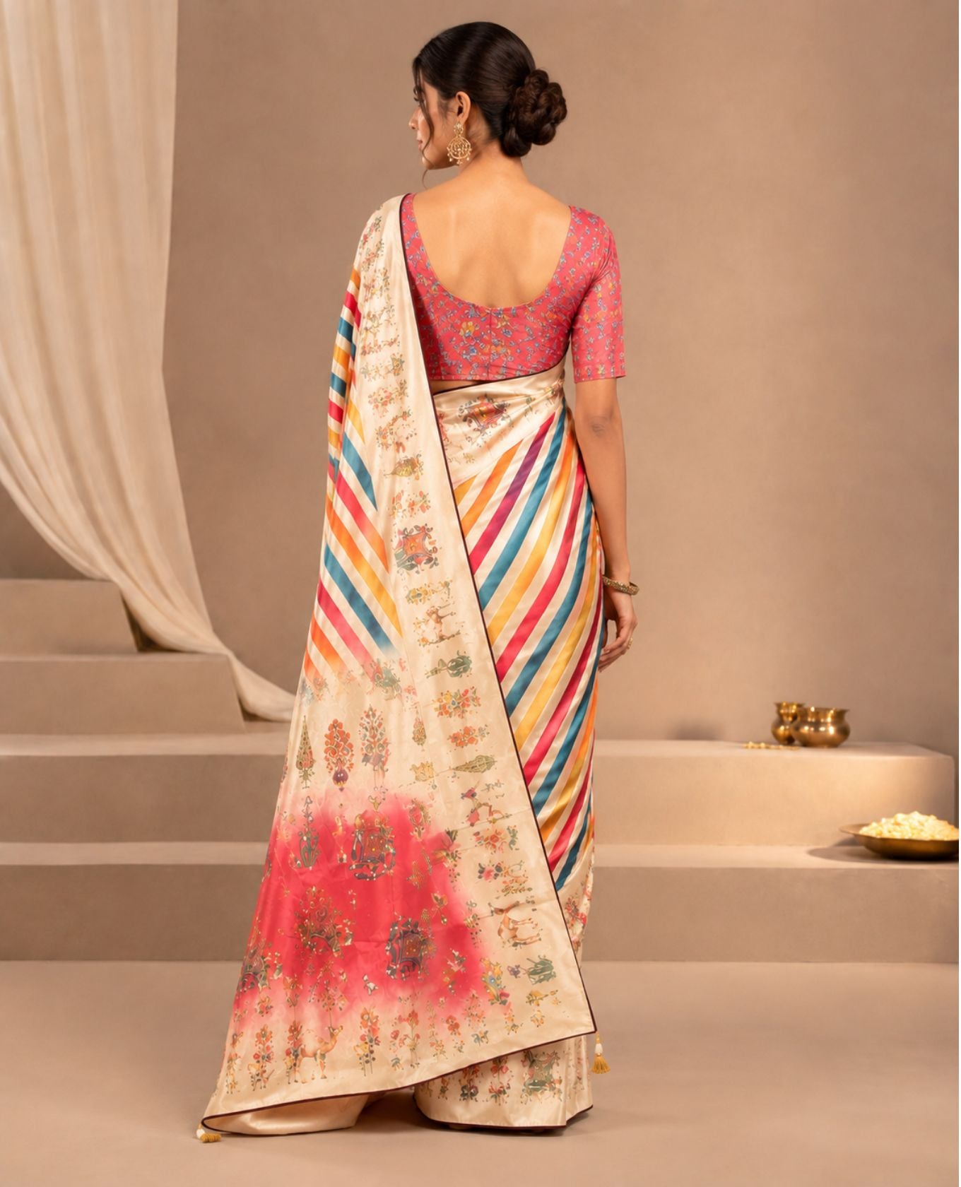 Elegant Cream Multicolour Printed Saree with Diagonal Stripes & Traditional Motifs