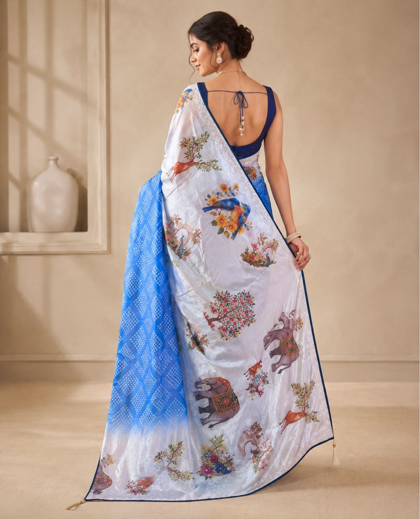 Elegant Blue & White Printed Saree with Traditional Motifs & Designer Border