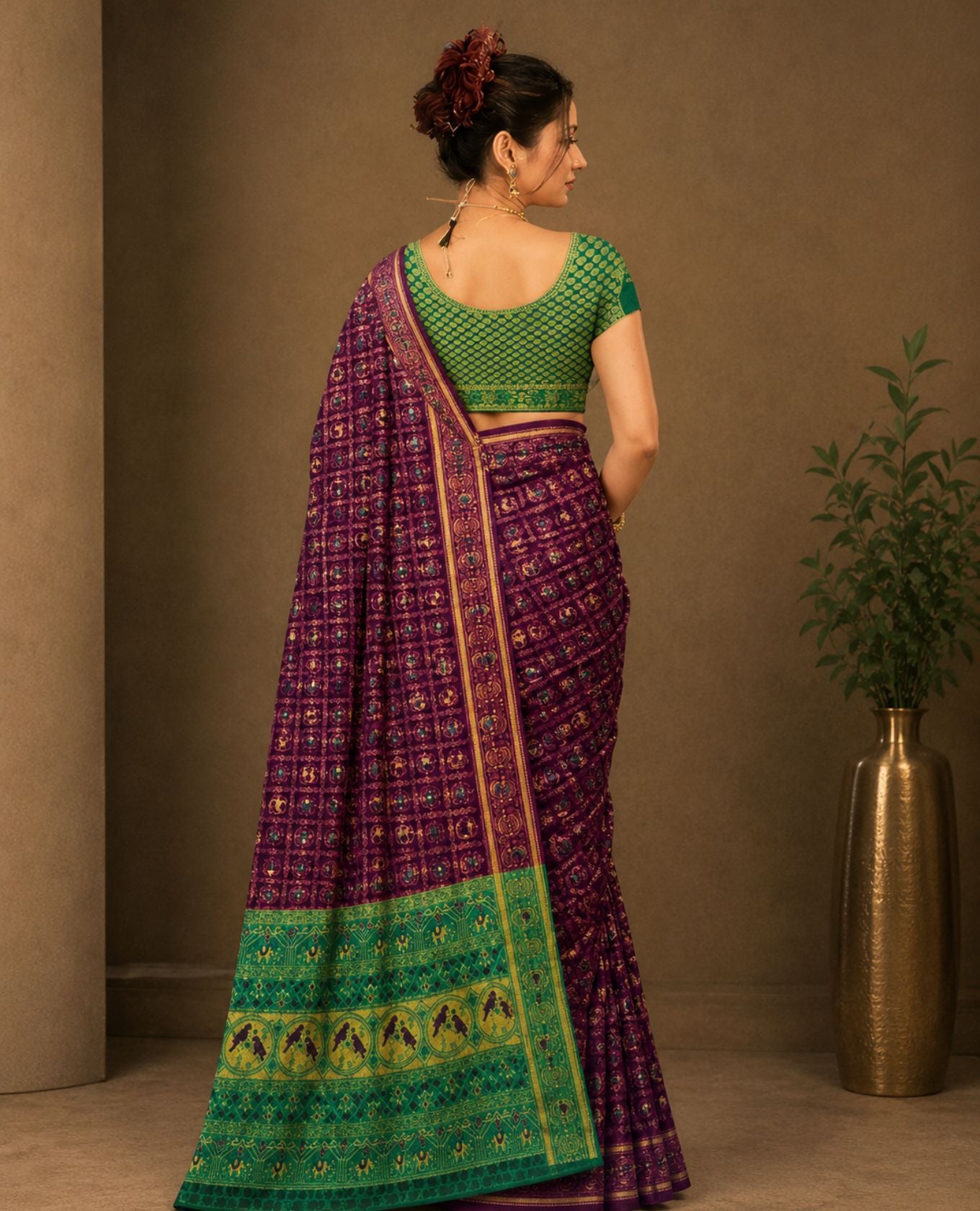 Elegant Purple & Green Traditional Printed Saree with Intricate Motifs & Designer Border