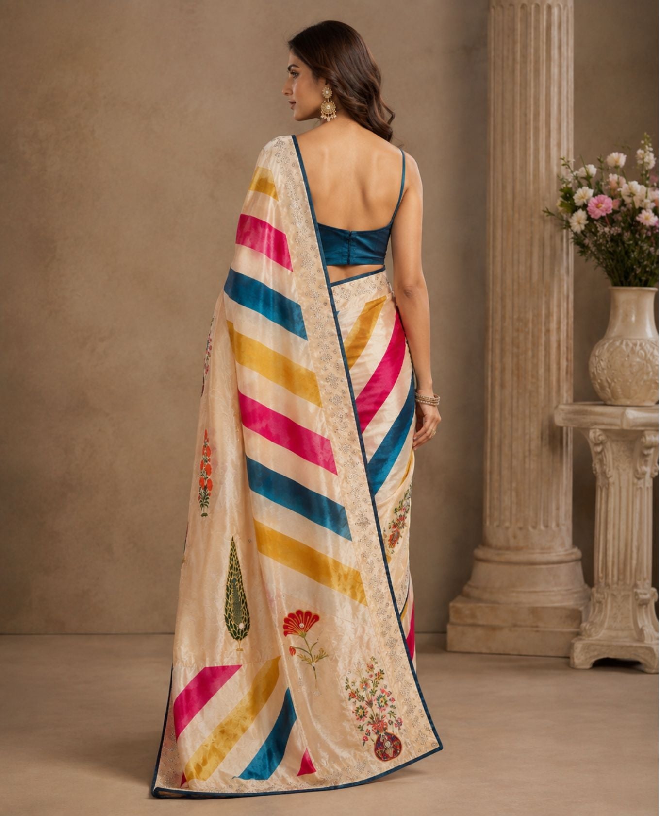 Elegant Cream Printed Saree with Multicolour Stripes & Floral Motifs