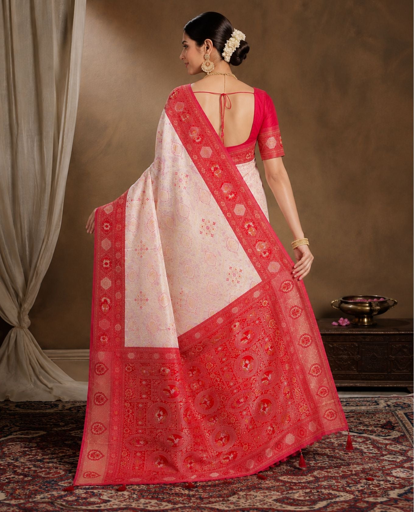 Red & Cream Cotton Saree with Traditional Printed Border & Rich Pallu