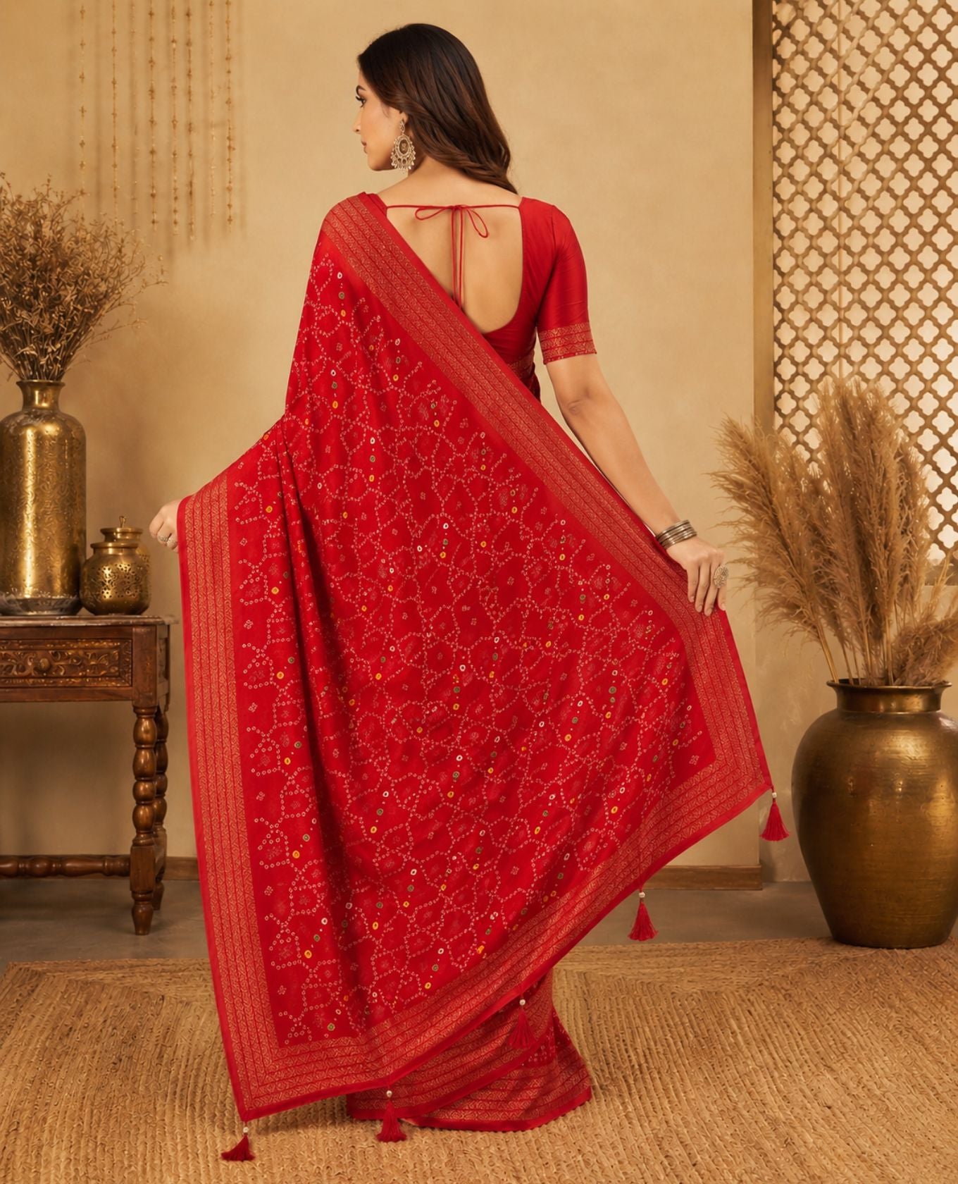 Elegant Red Printed Saree with Intricate Pattern & Designer Border