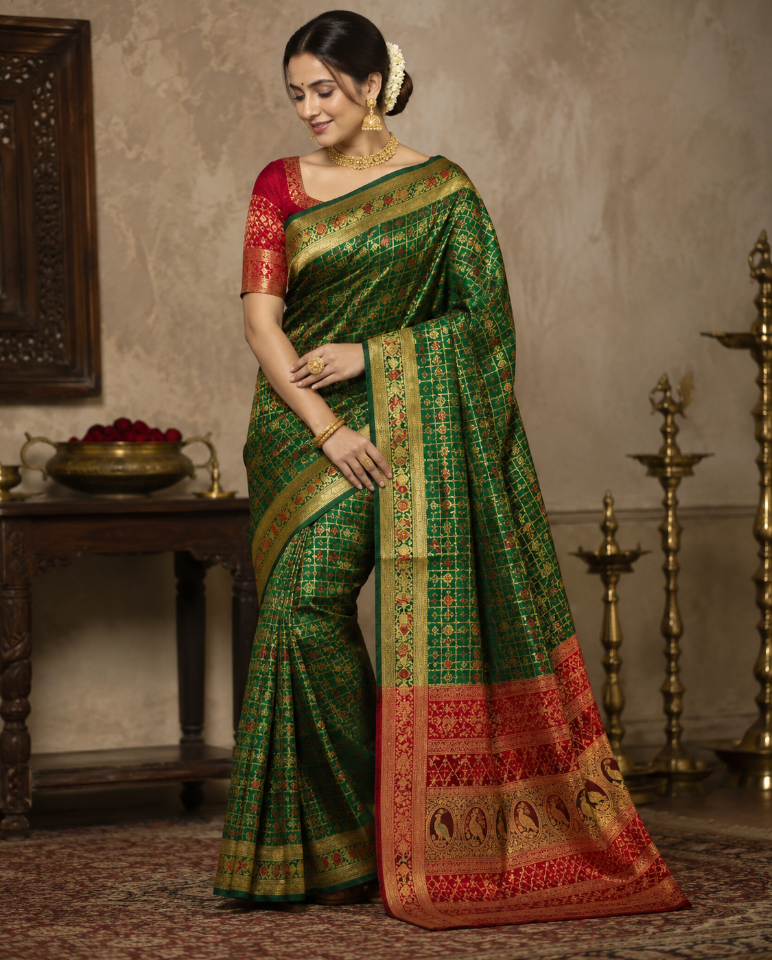 Elegant Emerald Green & Red Woven Saree with Traditional Motifs & Rich Designer Pallu