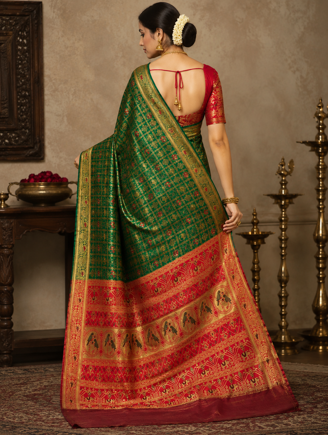 Elegant Emerald Green & Red Woven Saree with Traditional Motifs & Rich Designer Pallu