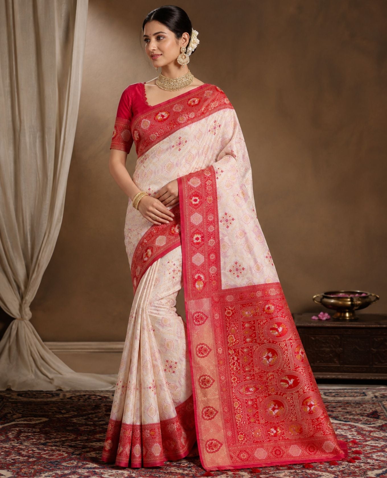 Red & Cream Cotton Saree with Traditional Printed Border & Rich Pallu