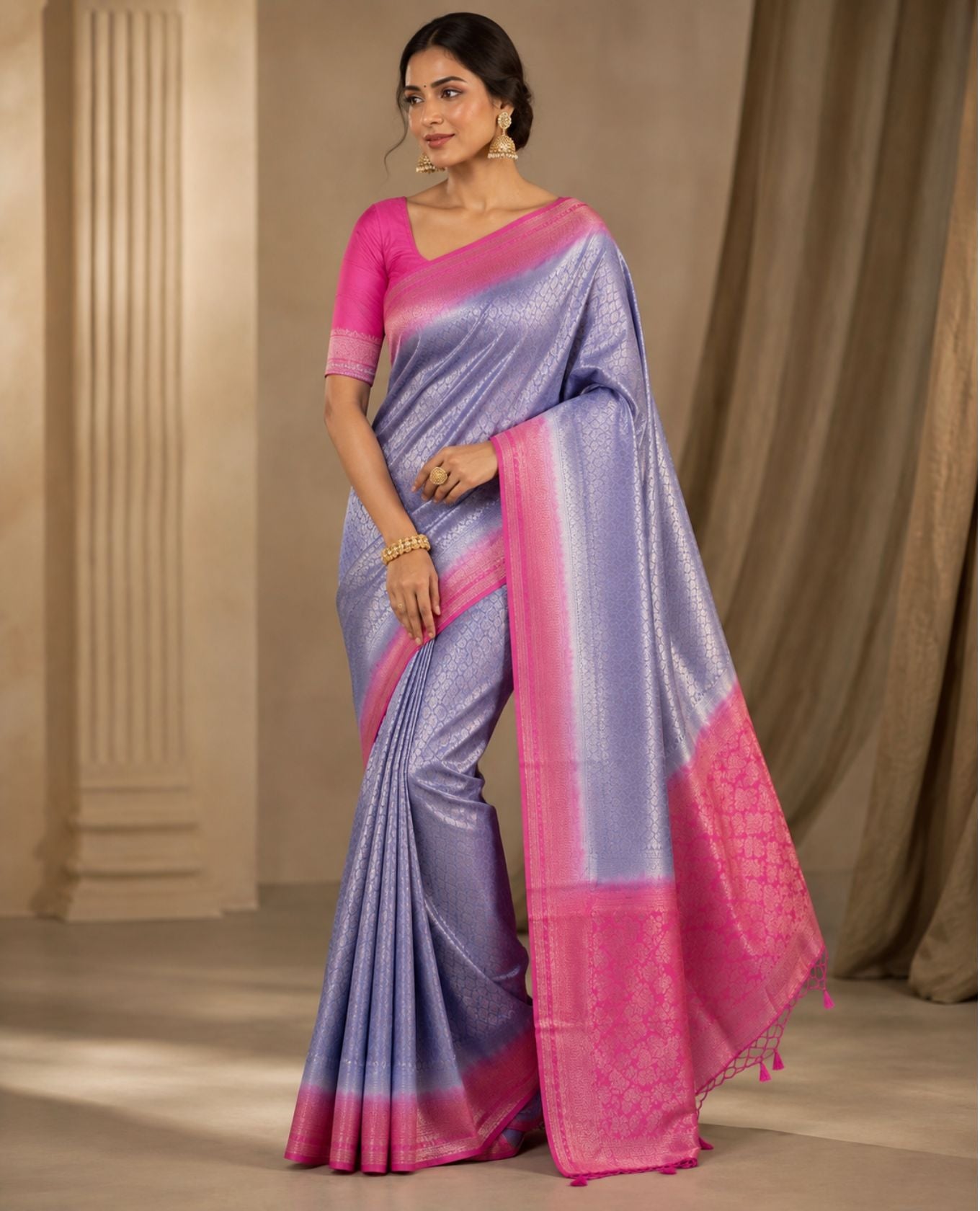 Elegant Lavender & Pink Woven Saree with Intricate Pattern & Rich Border