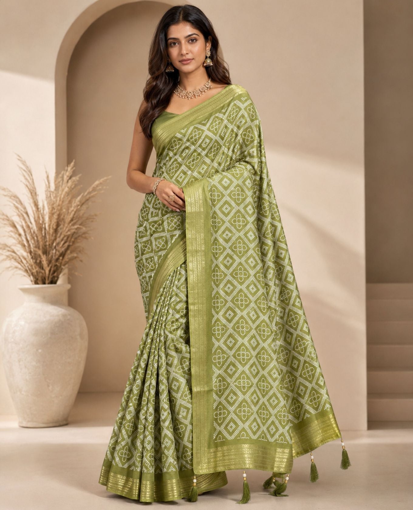 Olive Green with White Geometric Print