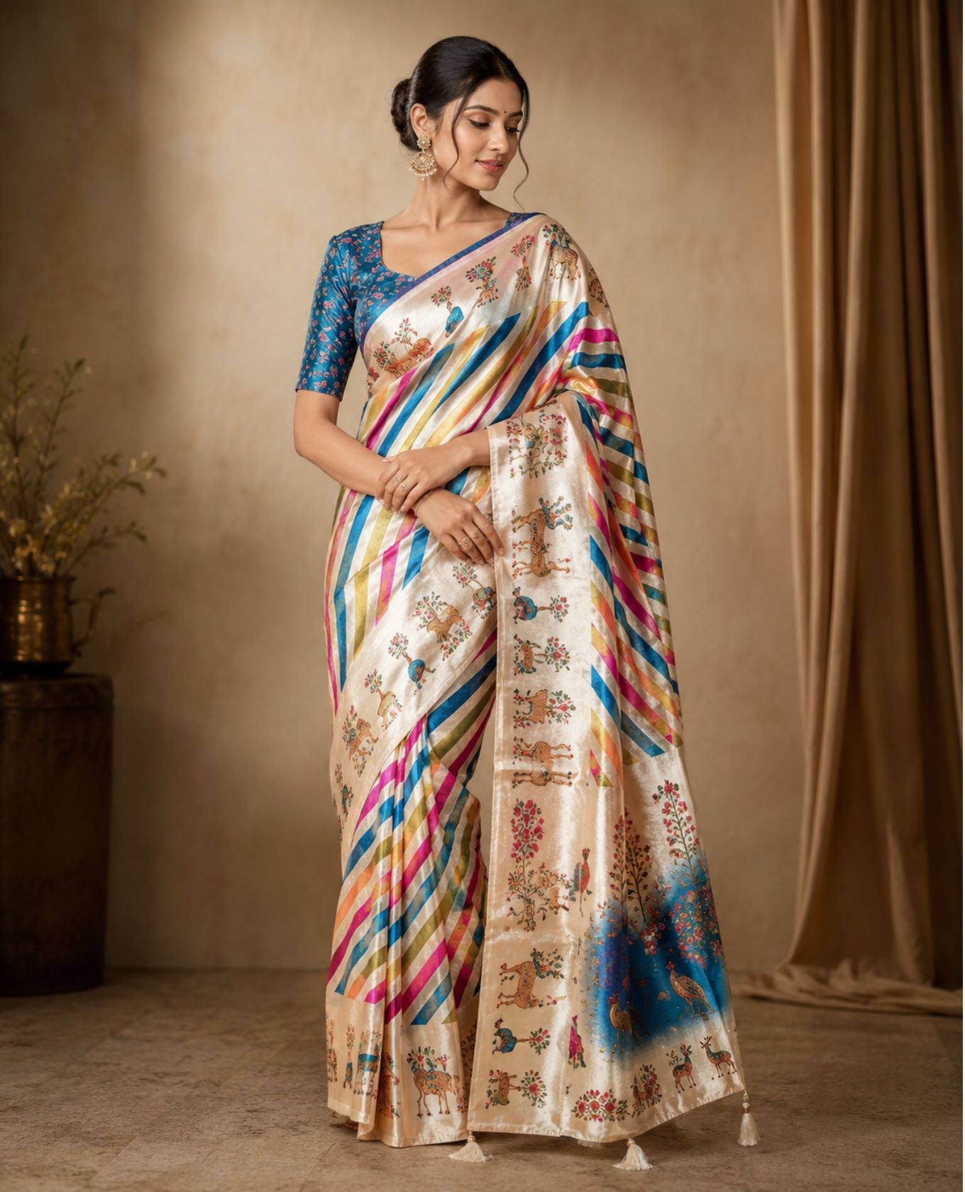 Cream Multicolor Printed Saree