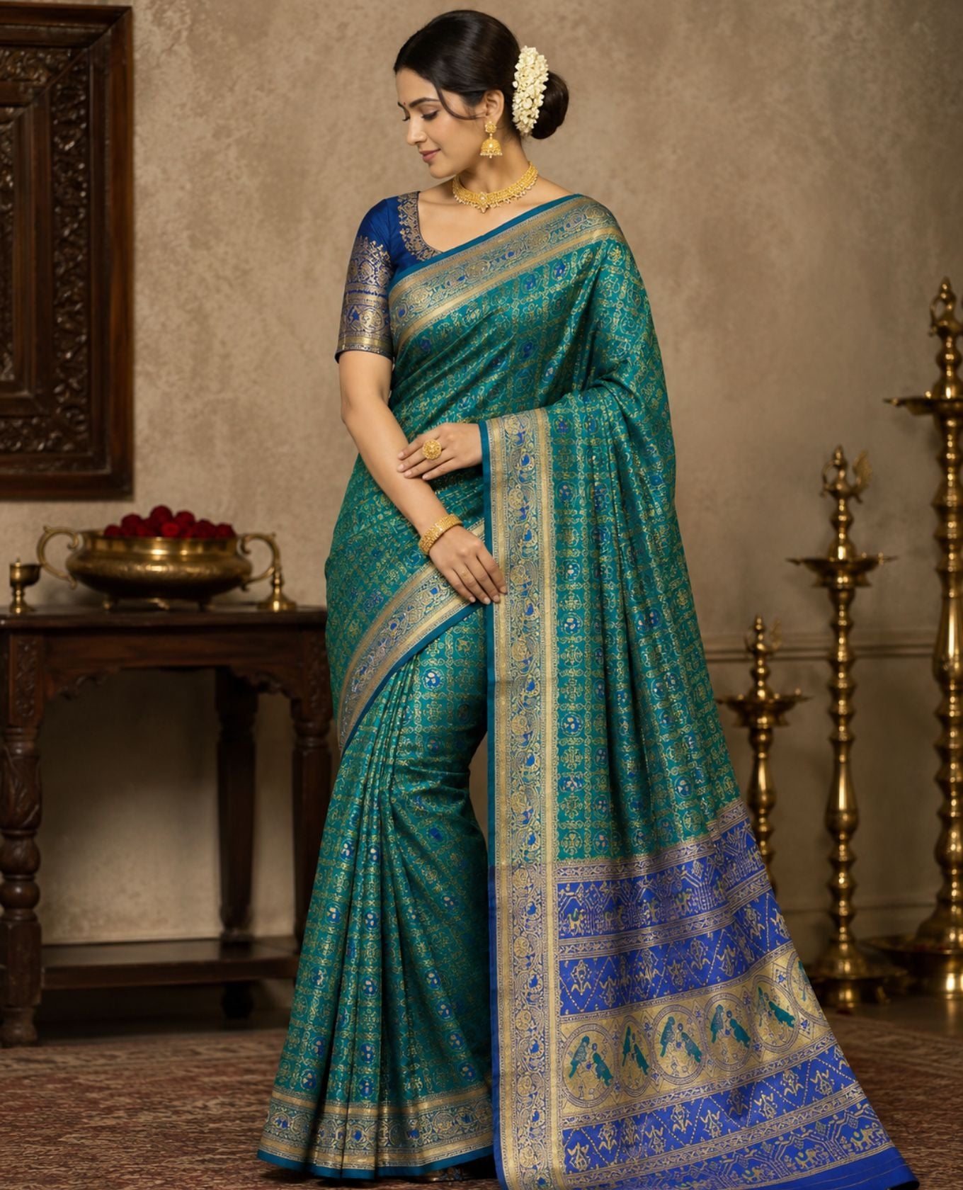 Elegant Teal Green & Royal Blue Traditional Printed Saree with Intricate Motifs & Designer Pallu