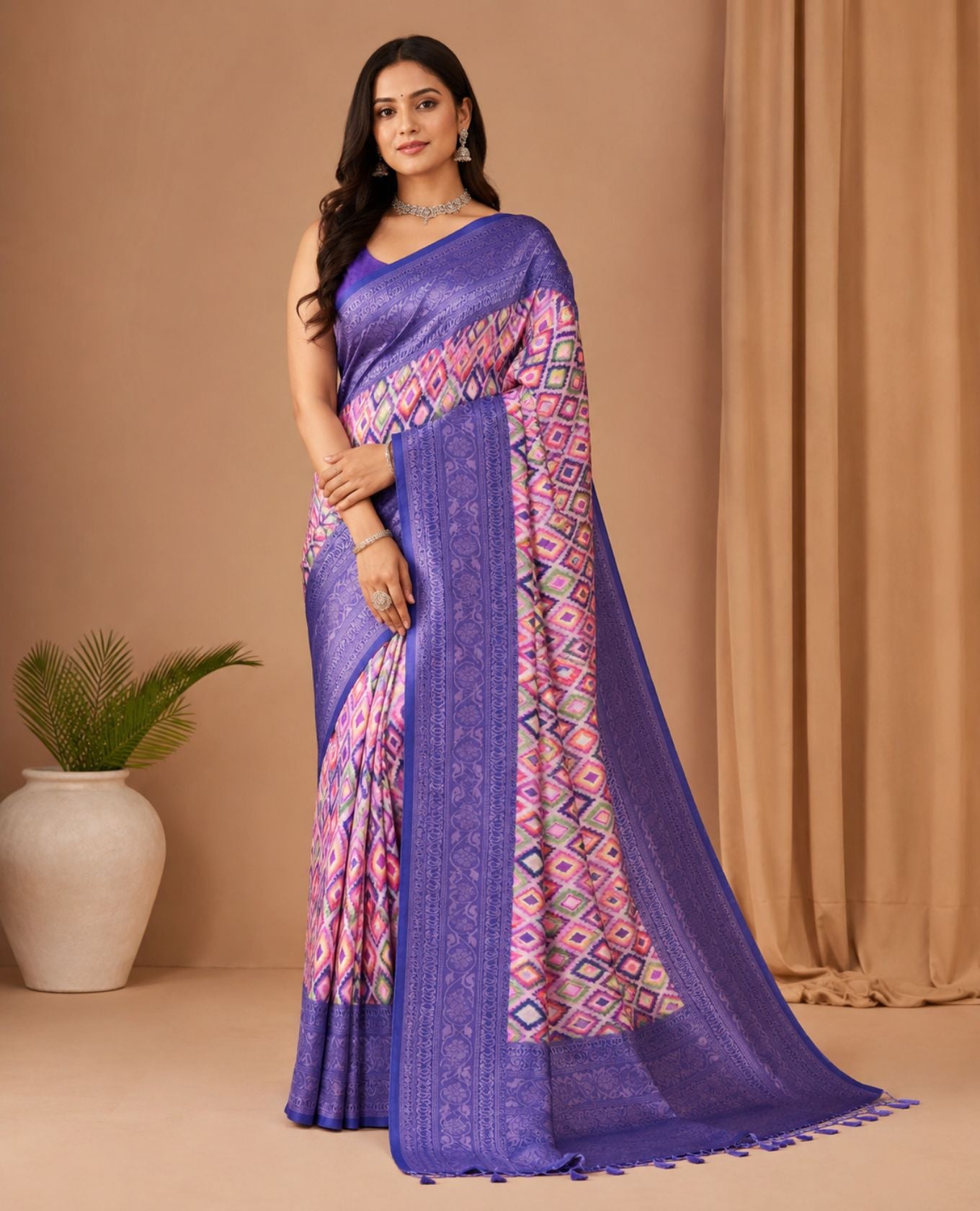 Elegant Purple Woven Saree with Multi-Colour Geometric Pattern & Designer Border