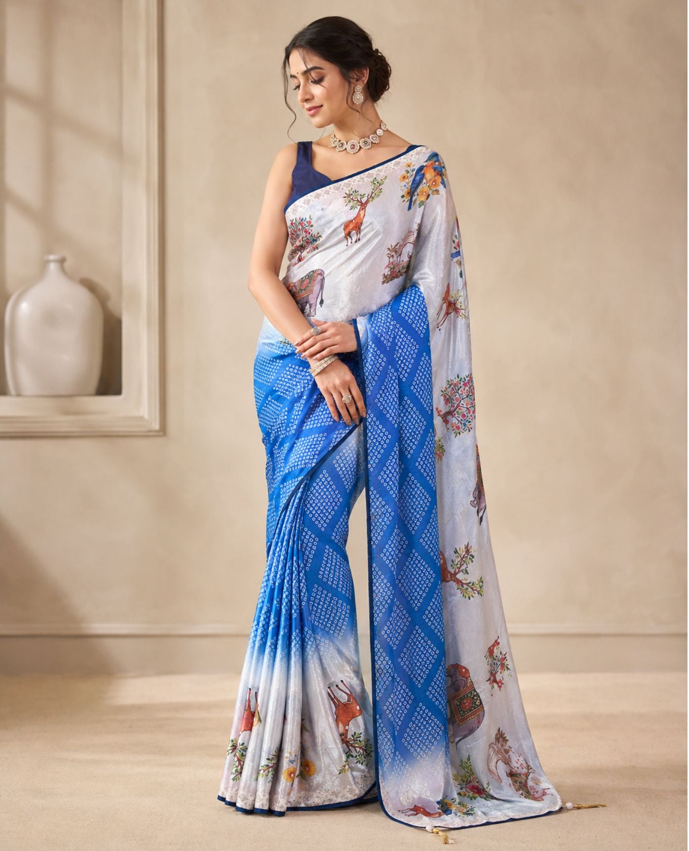 Elegant Blue & White Printed Saree with Traditional Motifs & Designer Border