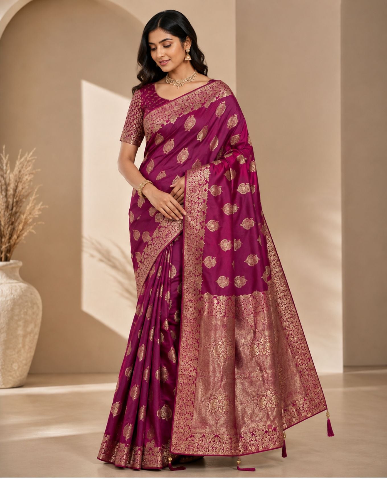 Elegant Wine Purple & Gold Woven Saree with Paisley Motifs & Rich Designer Pallu