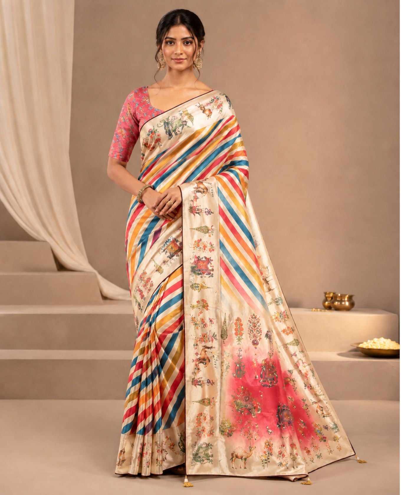 Elegant Cream Multicolour Printed Saree with Diagonal Stripes & Traditional Motifs