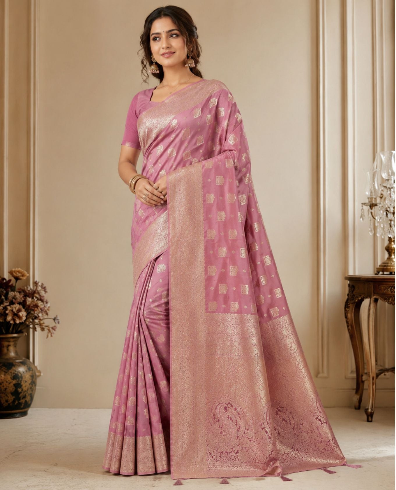 Elegant Rose Pink Woven Saree with Golden Zari Motifs & Rich Designer Pallu