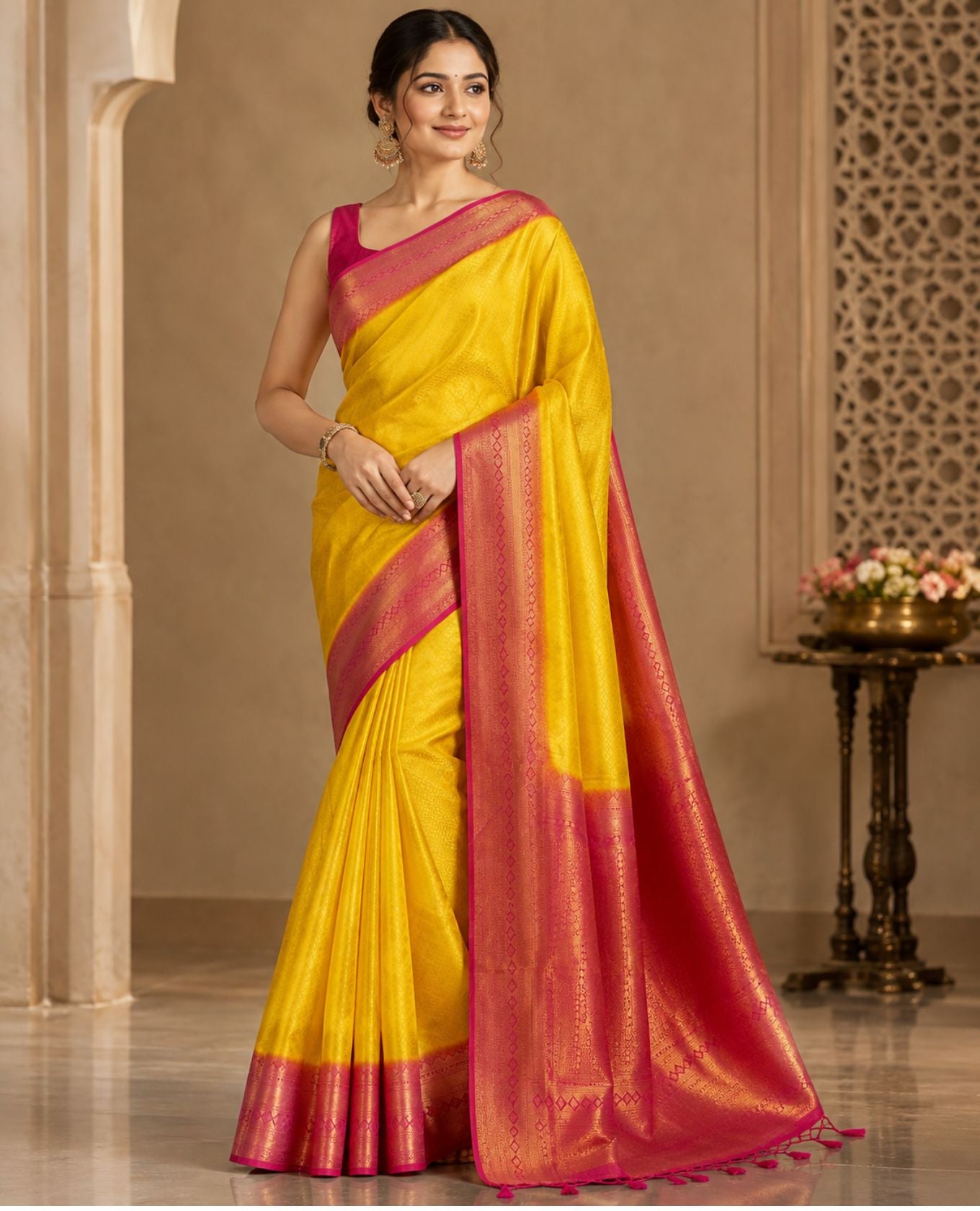 Elegant Yellow Woven Saree with Pink Zari Border & Rich Designer Pallu