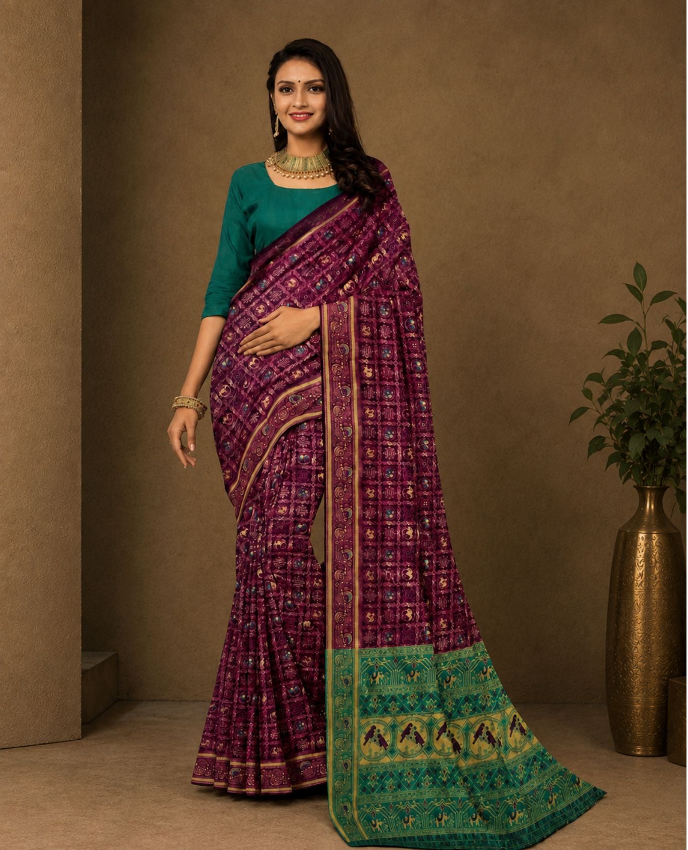 Elegant Purple & Green Traditional Printed Saree with Intricate Motifs & Designer Border