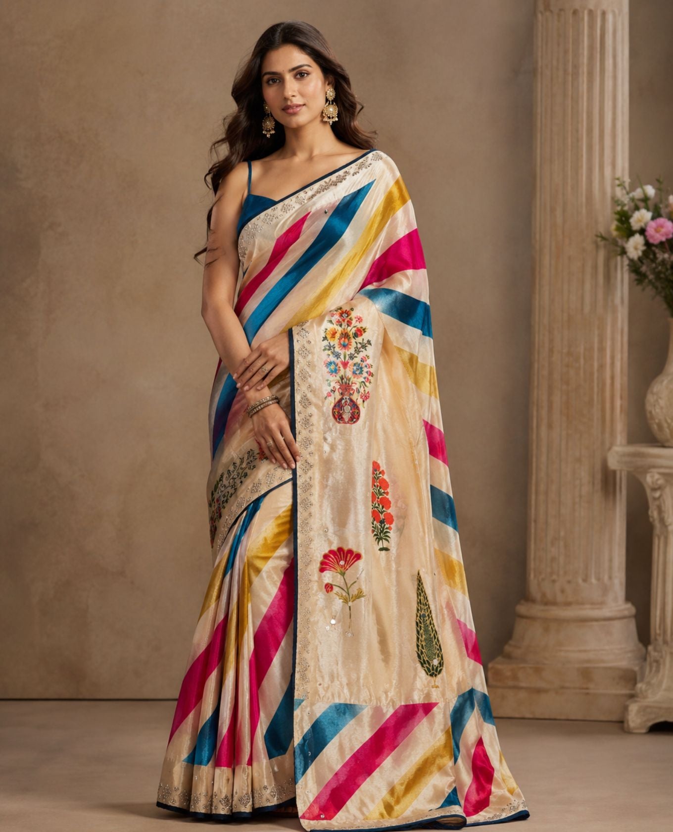 Elegant Cream Printed Saree with Multicolour Stripes & Floral Motifs
