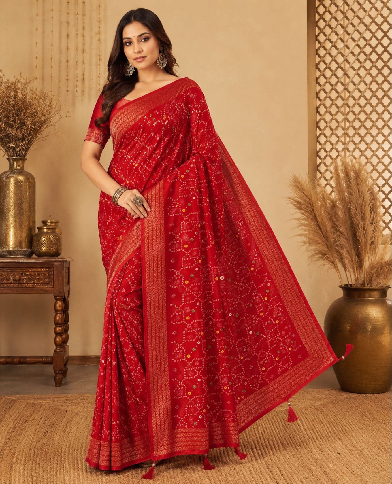 Elegant Red Printed Saree with Intricate Pattern & Designer Border