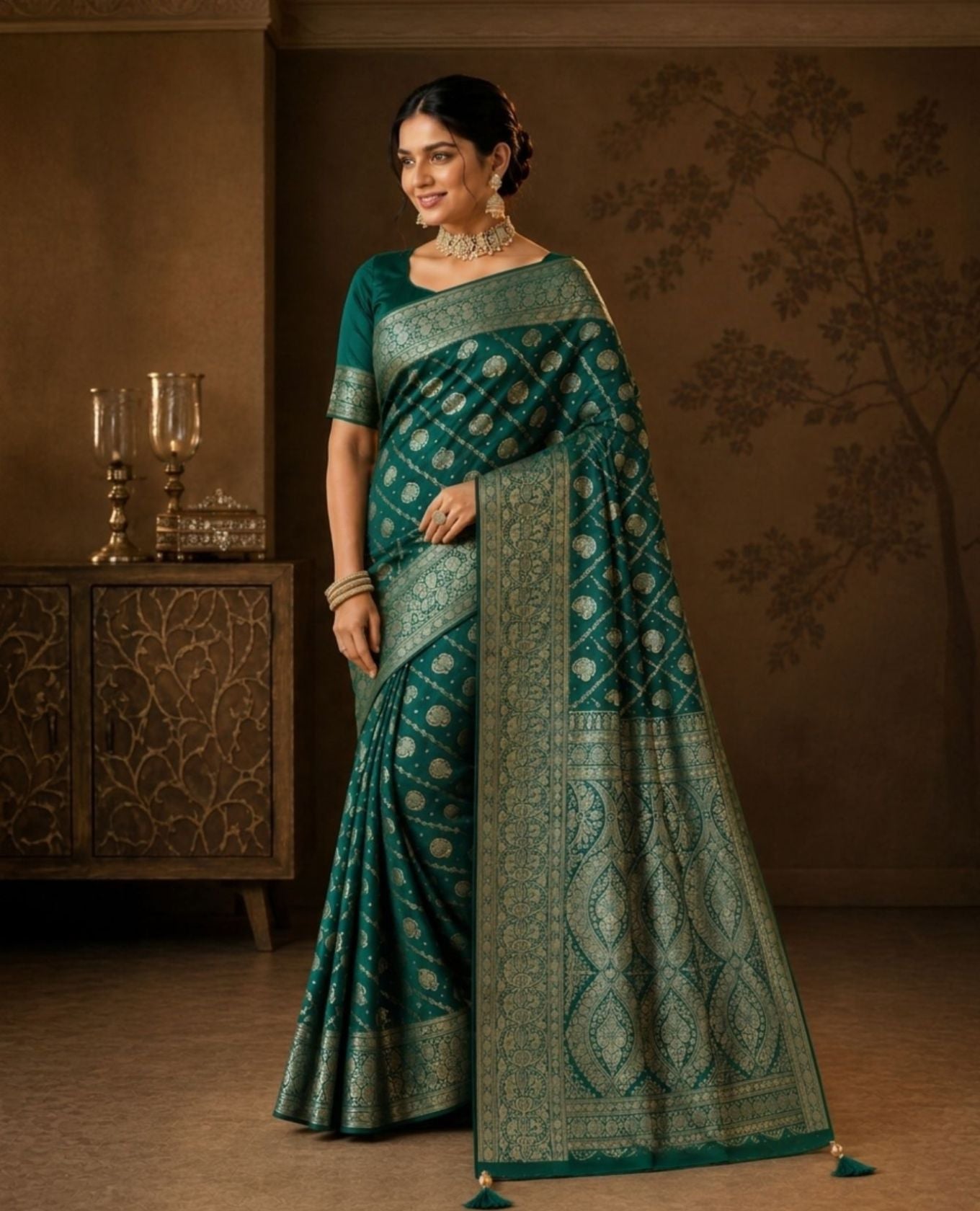 Teal Green Banarasi Saree with Traditional Woven Border & Rich Pallu