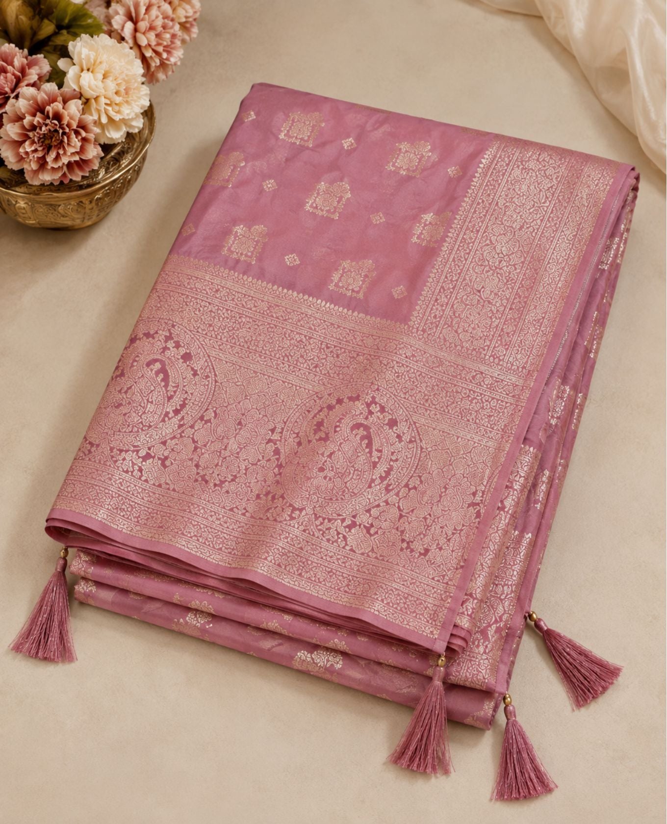 Elegant Rose Pink Woven Saree with Golden Zari Motifs & Rich Designer Pallu